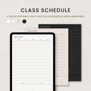 Puede incluir: Una plantilla de horario de clases digital con el texto "Class Schedule" en la parte superior. La plantilla está diseñada para usar con la aplicación Goodnotes y es imprimible. La imagen muestra cuatro opciones de color para la plantilla.