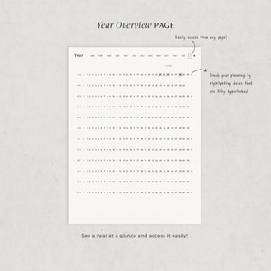May include: A black and white printable year overview page with a calendar layout. The page includes a title "Year Overview Page" and the text "Easily access from any page!" The calendar is divided into months, with each month having a numbered grid of days. The page also includes the text "Track your planning by highlighting dates that are fully hyperlinked" and "See a year at a glance and access it easily!"