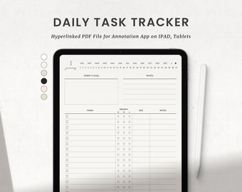 May include: A digital daily task tracker on a tablet screen. The tracker includes a calendar, a section for today's goal, a notes section, and a list of tasks with priority, due date, and notes columns.