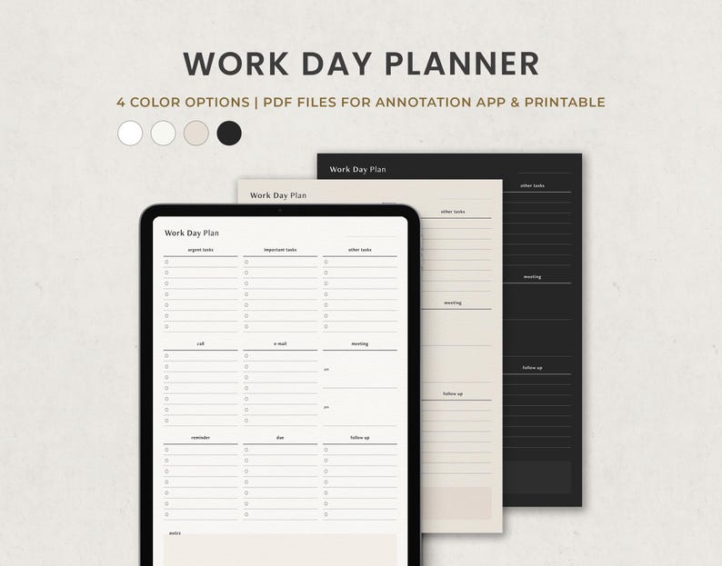 May include: A digital planner template for work days. The template is divided into three columns: urgent tasks, important tasks, and other tasks. The template also includes sections for calls, emails, meetings, reminders, and follow-up. The template is available in four colour options.