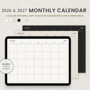 Monthly Calendar Digital, 2026, 2027, Goodnotes Monthly Planner Template Printable Fillable PDF