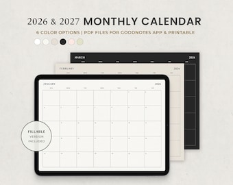 Calendario mensual digital, 2026, 2027, plantilla de planificador mensual de Goodnotes, PDF imprimible y rellenable