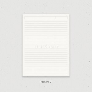 May include: A blank white lined paper sheet with the text "LILIESDAILY" in the center and "version 2" at the bottom.