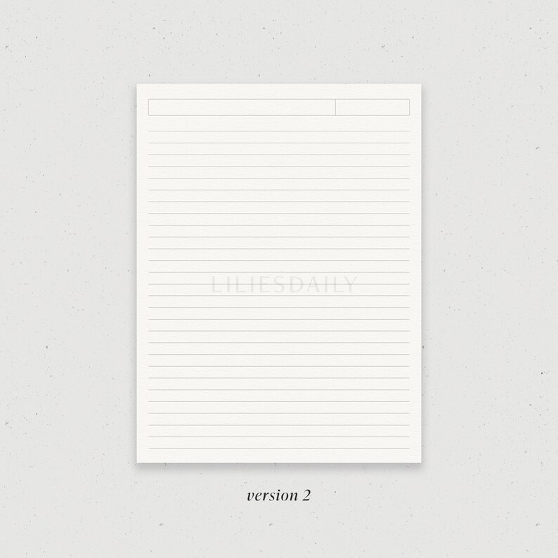 May include: A blank white lined paper sheet with the text "LILIESDAILY" in the center and "version 2" at the bottom.