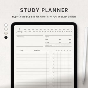 May include: A digital study planner on a tablet screen. The planner includes a calendar, a to-do list, and a section for tracking productivity. The tablet is on a white surface with a white stylus.