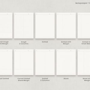 May include: A collection of notepaper templates with various grid and layout options. Designs include Cornell, graph, dotted, and blank pages, each with different margin styles. The text "Notepaaper Templates" is at the top.