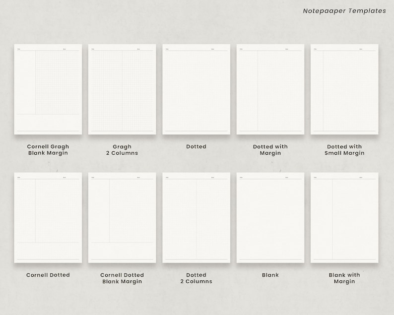 May include: A collection of notepaper templates with various grid and layout options. Designs include Cornell, graph, dotted, and blank pages, each with different margin styles. The text "Notepaaper Templates" is at the top.