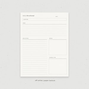 May include: Printable daily devotional planner with sections for scripture, verse, reflections, prayer, and thankful for. The planner has a white background with black text and lines.