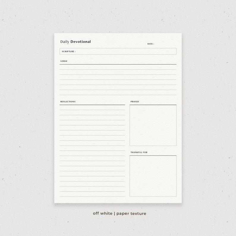 May include: Printable daily devotional planner with sections for scripture, verse, reflections, prayer, and thankful for. The planner has a white background with black text and lines.