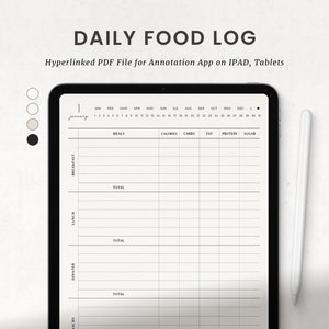 Puede incluir: Una plantilla de diario de alimentos digital para realizar un seguimiento de las comidas, las calor&iacute;as, los carbohidratos, las grasas, las prote&iacute;nas y el az&uacute;car. La plantilla est&aacute; dise&ntilde;ada para usar con aplicaciones de anotaci&oacute;n en iPads y tabletas. La plantilla incluye un calendario para el mes de enero.