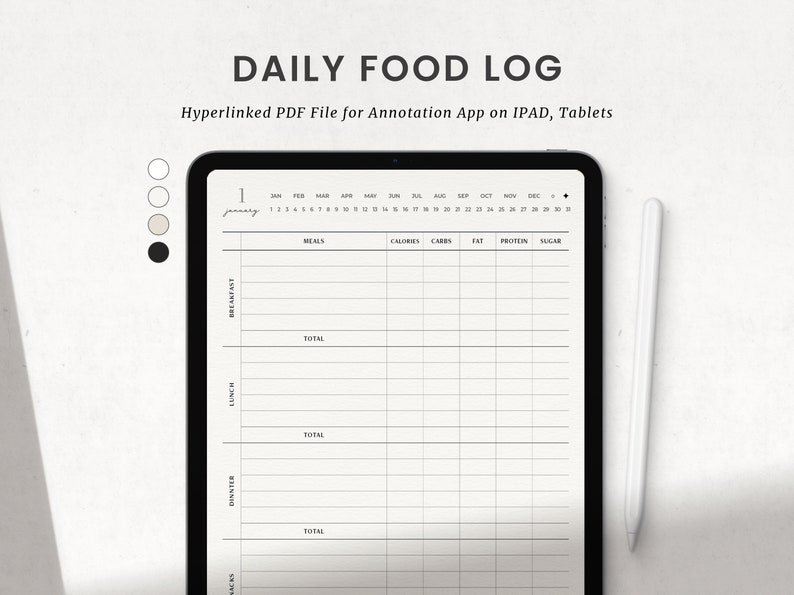 Puede incluir: Una plantilla de diario de alimentos digital para realizar un seguimiento de las comidas, las calor&iacute;as, los carbohidratos, las grasas, las prote&iacute;nas y el az&uacute;car. La plantilla est&aacute; dise&ntilde;ada para usar con aplicaciones de anotaci&oacute;n en iPads y tabletas. La plantilla incluye un calendario para el mes de enero.