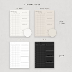 May include: Four digital detox planner templates in different colours: off-white, cream beige, white, and black. Each template features a grid for tracking daily screen time, a section for non-digital activities, and a space for writing notes.