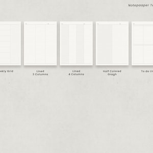 May include: Five white notepaper templates with different layouts. The templates include a weekly grid, lined 3 columns, lined 4 columns, half-colored graph, and a to-do list. The text "Notepaaper Templates" is at the top.