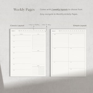 May include: Two weekly planner page layouts. The first layout is a classic layout with a daily schedule and a notes section. The second layout is a simple layout with a grid of seven boxes for each day of the week.