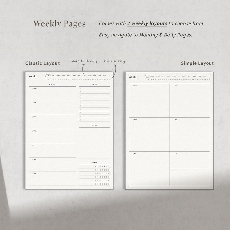 May include: Two weekly planner page layouts. The first layout is a classic layout with a daily schedule and a notes section. The second layout is a simple layout with a grid of seven boxes for each day of the week.