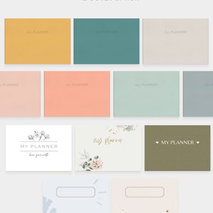 May include: Twelve different cover options for a planner. The covers are in various colors and designs, including solid colors, floral patterns, and minimalist designs. The text "my PLANNER" appears on most of the covers.