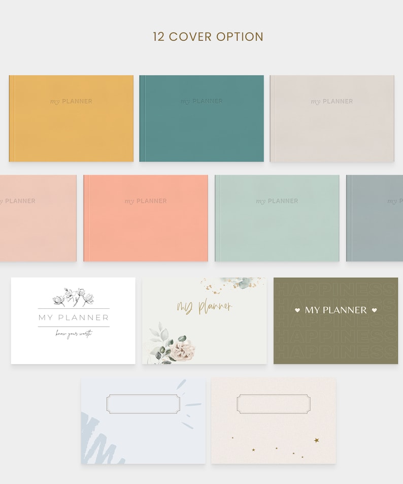 May include: Twelve different cover options for a planner. The covers are in various colors and designs, including solid colors, floral patterns, and minimalist designs. The text "my PLANNER" appears on most of the covers.