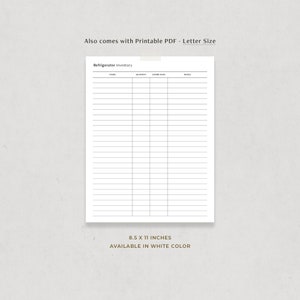 May include: Printable refrigerator inventory list template in black and white. The template is 8.5 x 11 inches and includes columns for item, quantity, expiry date, and notes.