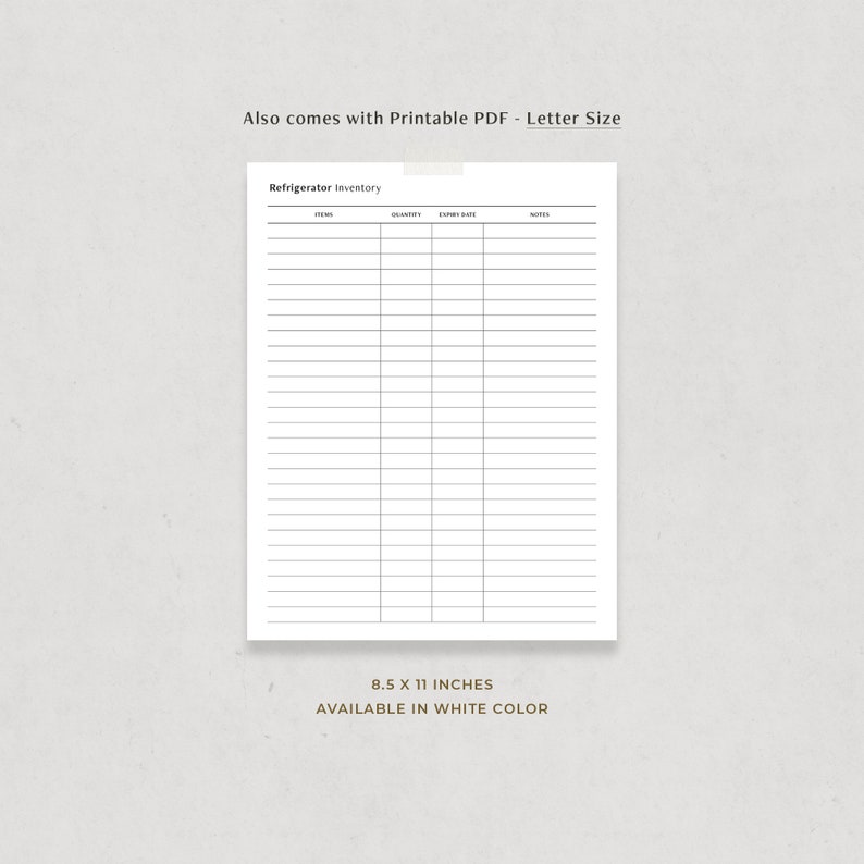 May include: Printable refrigerator inventory list template in black and white. The template is 8.5 x 11 inches and includes columns for item, quantity, expiry date, and notes.