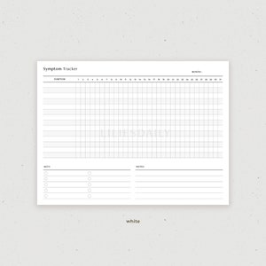 May include: A printable symptom tracker with a grid for tracking symptoms daily. The tracker has a section for key notes and a section for notes.