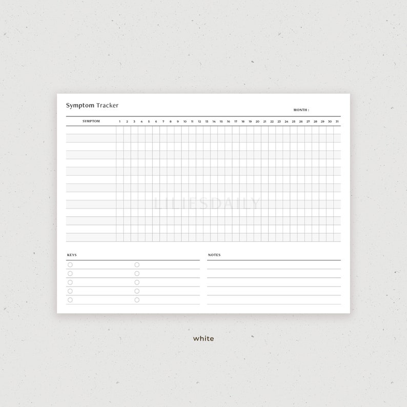May include: A printable symptom tracker with a grid for tracking symptoms daily. The tracker has a section for key notes and a section for notes.
