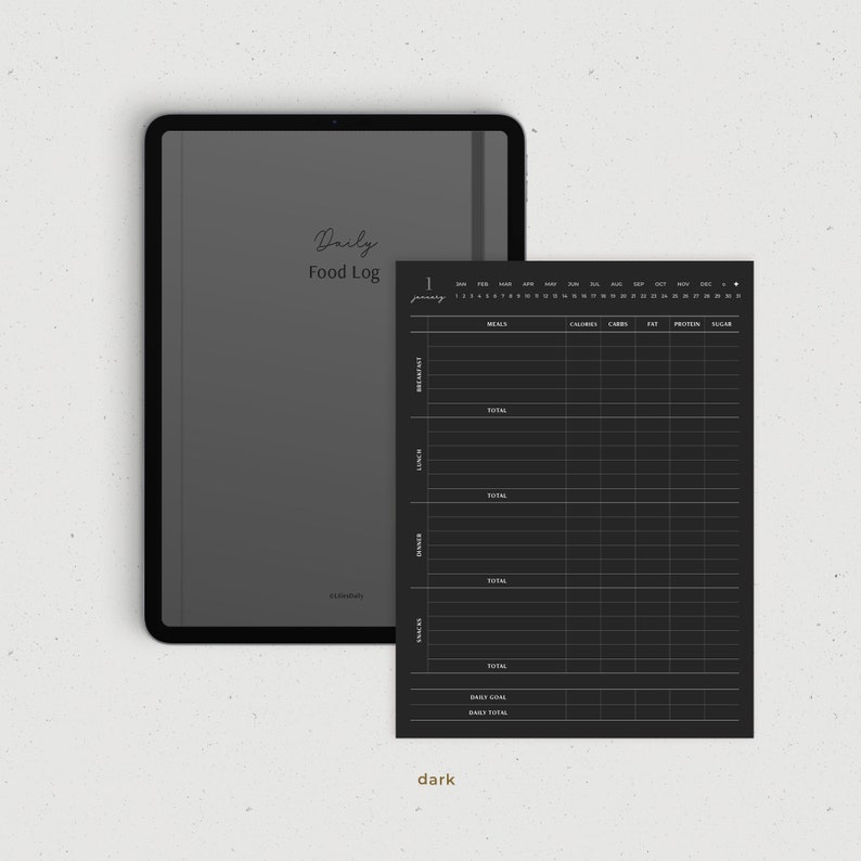 Puede incluir: Un planificador digital en blanco y negro con un registro diario de alimentos. El planificador tiene un calendario para el mes de enero y columnas para comidas, calor&iacute;as, carbohidratos, grasas, prote&iacute;nas y az&uacute;car.
