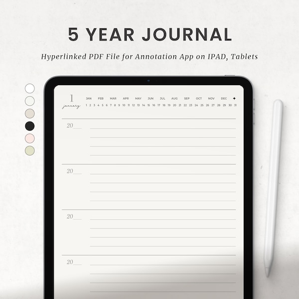 Digital 5-årsdagbok, Goodnotes en rad om dagen, daglig tacksamhetsdagbok för iPad, minimalistisk dagbok