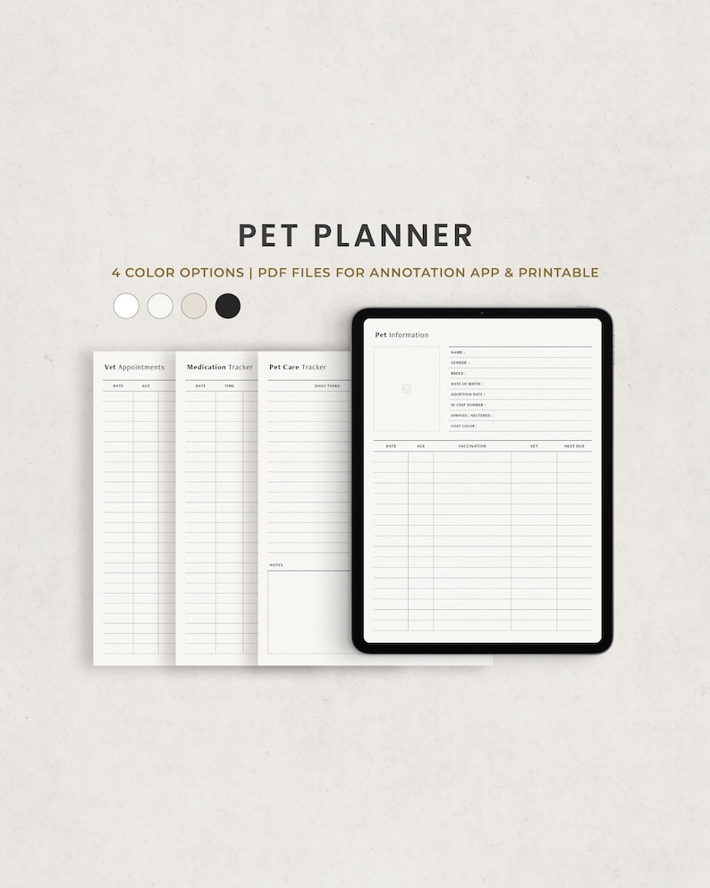May include: A digital planner for pet owners with sections for vet appointments, medication tracking, pet care, and pet information. The planner is available in four color options and can be used in annotation apps or printed.
