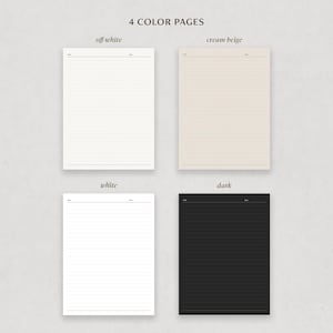 May include: Four notepads in off-white, cream beige, white, and dark colors are displayed. Each notepad has horizontal lines and a header for the date. The text "4 COLOR PAGES" is at the top of the image.