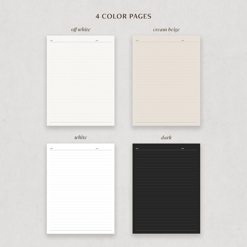 May include: Four notepads in off-white, cream beige, white, and dark colors are displayed. Each notepad has horizontal lines and a header for the date. The text "4 COLOR PAGES" is at the top of the image.
