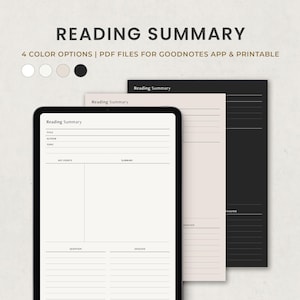 May include: A digital reading summary template displayed on a tablet, with three paper options in beige and black. The text "READING SUMMARY" is at the top, with color options and PDF file details. The template includes sections for title, author, topic, key points, and analysis.