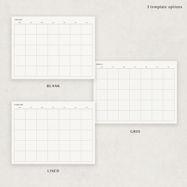 May include: Three calendar templates: blank, lined, and grid. Each template has the months January, February, and March labeled at the top. The days of the week are abbreviated at the top of each calendar.