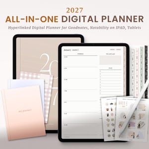 May include: A 2027 all-in-one digital planner for tablets featuring a weekly schedule layout on a screen, alongside physical-style planner covers in blush and gingham patterns, digital sticker sheets, and a white stylus pen for digital note-taking.
