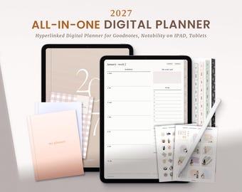 Digital planerare 2027, Goodnotes daglig veckoplanerare, minimalistisk iPad-journal, mall för hyperlänkad notabilitet