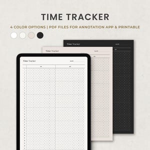Puede incluir: Cuatro páginas de seguimiento del tiempo imprimibles en diferentes colores: blanco, beige, rosa claro y negro. Cada página tiene un diseño de cuadrícula con el texto "Time Tracker" en la parte superior.