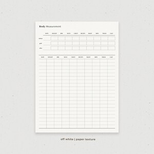 May include: A printable body measurement tracker with columns for date, weight, BMI, neck, chest, biceps, waist, hips, thigh, and calf. The tracker has space for recording measurements before, goal, and after.