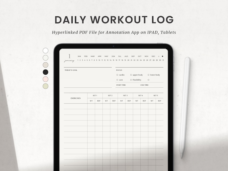 May include: A black and white digital planner template for a daily workout log. The template includes a calendar, a section for today's goal, a section for workout focus, and a table to track exercises, sets, weight, and repetitions.