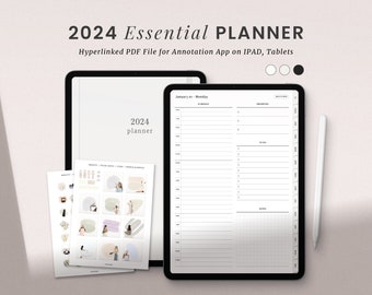 Planificateur numérique 2024, Planificateur quotidien minimaliste Goodnotes, Journal numérique simple Ipad, Planificateur mensuel hebdomadaire