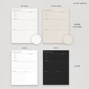 May include: Four printable Bible study journal pages in off white, cream beige, white, and black. The pages feature a title "Bible Chapter Summary" and sections for date, book, chapter, key verses, chapter summary, application, and notes. The cream beige and off white pages have a paper texture, while the white and black pages are plain.