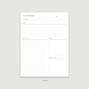 May include: Printable daily devotional planner with sections for scripture, verse, reflections, prayer, and thankful for. The planner is white with black text.