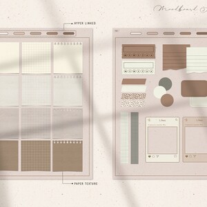 May include: A set of digital mood board stickers in brown and beige tones. The stickers include various shapes, sizes, and textures, such as grid paper, lined paper, and plain paper. The stickers are designed to be used in digital planning and design applications.