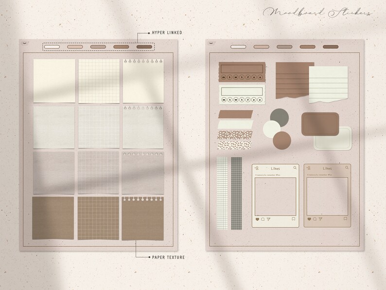 May include: A set of digital mood board stickers in brown and beige tones. The stickers include various shapes, sizes, and textures, such as grid paper, lined paper, and plain paper. The stickers are designed to be used in digital planning and design applications.