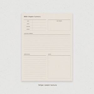 May include: Beige printable Bible chapter summary template with sections for date, book, chapter, verses, key verses, chapter summary, application, and notes.