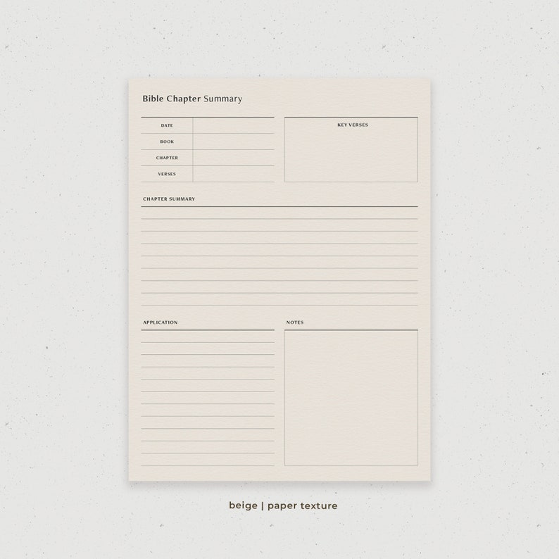 May include: Beige printable Bible chapter summary template with sections for date, book, chapter, verses, key verses, chapter summary, application, and notes.