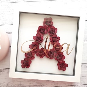 May include: A white frame with a glass front containing a red paper flower letter A, with the name "Ava" written in gold script.