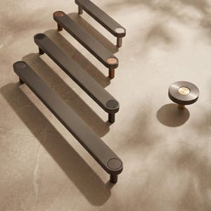 May include: A collection of three dark grey metal cabinet pulls of varying lengths and one circular dark grey cabinet knob. Each pull features two circular end caps in contrasting metallic finishes, while the knob has a central gold-toned disc.