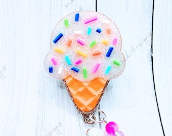 Ice Cream Cone Badge Reel, Summer, Glitter, Cute, RN, CNA, Teacher, Doctor, Physician, Student Badge Holder, Medical ID, Nurse Key Card