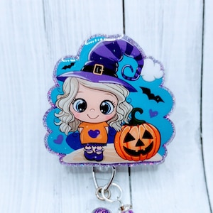 Halloween Girl Badge Reel, Halloween, Fall, Spooky, Seasonal, Holiday, Nurse, RN, CNA, Doctor, Teacher, Tech, Physician, Badge Holder