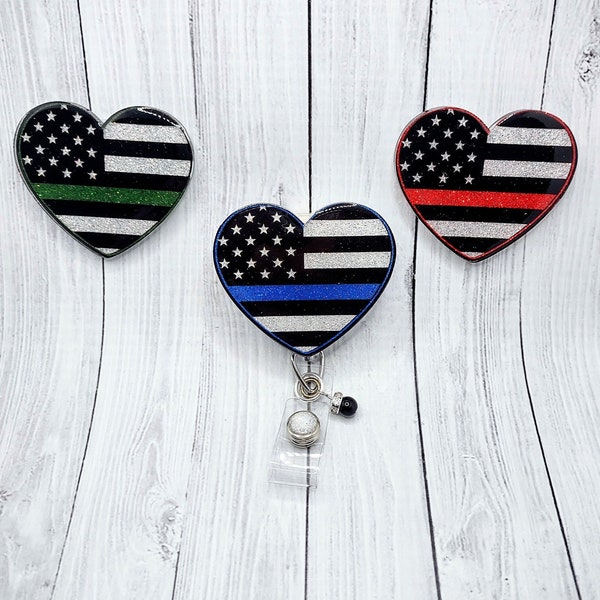 Thin Red, Blue, Green Line Badge Reel, Nurse, RN, CNA, Police, Law Enforcement, Military, Firefighter, Support, EMS, First Responder, Flag