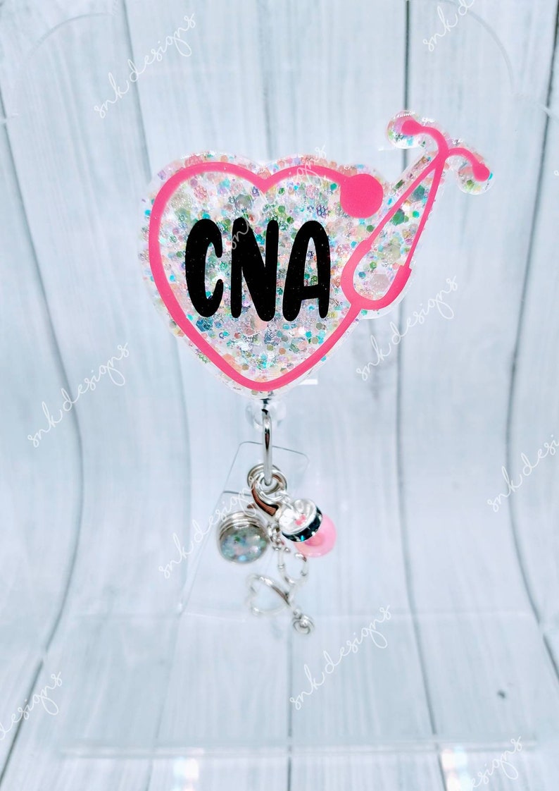 Bobine de badge de l’AIIC, identification de technologie de soins aux patients, identification médicale, bobine de badge d’assistant infirmier, bobine de badge à paillettes, bobine de badge d’hôpital, porte-badge cardiaque Pink